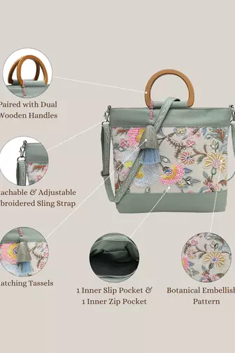 petal posh sage green cotton botanical embellished handheld bag