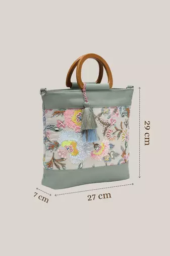 petal posh sage green cotton botanical embellished handheld bag