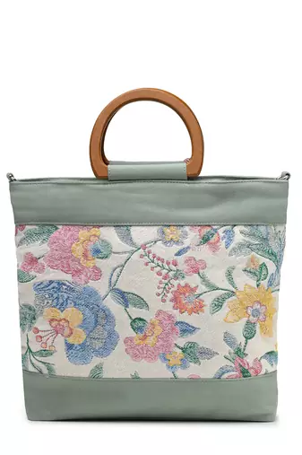 petal posh sage green cotton botanical embellished handheld bag