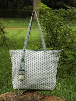 earth edit sage green cotton geometric jacquard tote bag 1