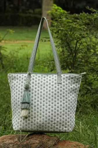 earth edit sage green cotton geometric jacquard tote bag
