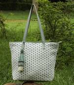 earth edit sage green cotton geometric jacquard tote bag