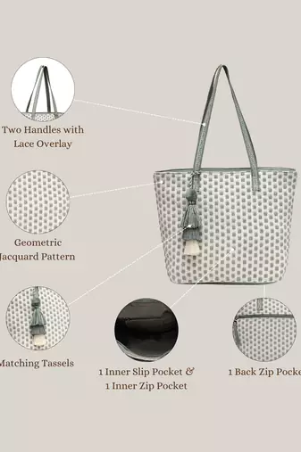 earth edit sage green cotton geometric jacquard tote bag