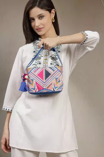 boho cobalt blue ethnic jacquard sling bag