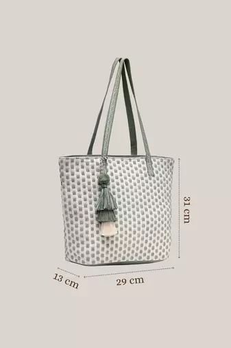 earth edit sage green cotton geometric jacquard tote bag