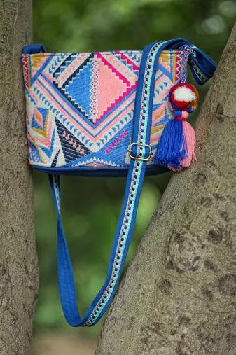 boho cobalt blue ethnic jacquard sling bag