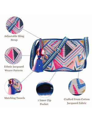 boho cobalt blue ethnic jacquard sling bag 4
