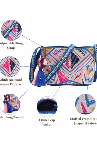 boho cobalt blue ethnic jacquard sling bag