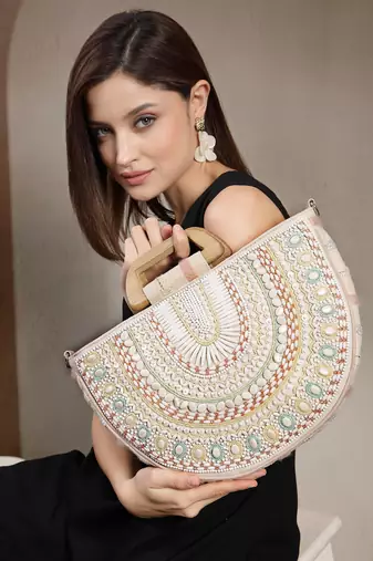boho natural & pastel cotton ethnic embellished handheld bag
