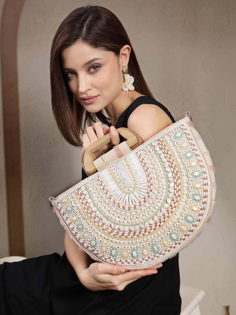 boho natural & pastel cotton ethnic embellished handheld bag