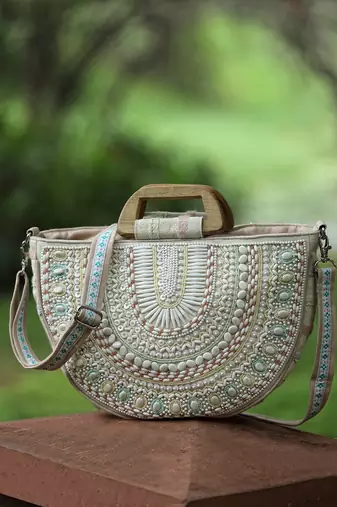 boho natural & pastel cotton ethnic embellished handheld bag