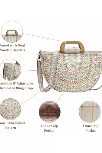 boho natural & pastel cotton ethnic embellished handheld bag