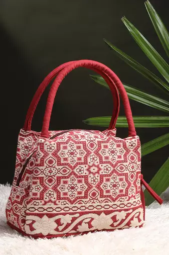 tribal maroon cotton abstract jacquard handheld bag