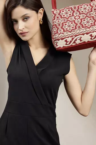 tribal maroon cotton abstract jacquard handheld bag