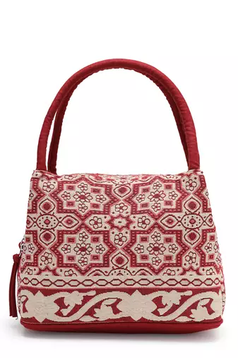 tribal maroon cotton abstract jacquard handheld bag