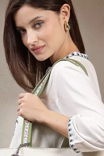 kooky natural & multi jacquard boho floral embroidered tote bag