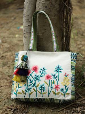 kooky natural & multi jacquard boho floral embroidered tote bag 3