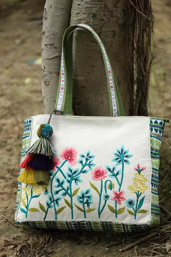 kooky natural & multi jacquard boho floral embroidered tote bag