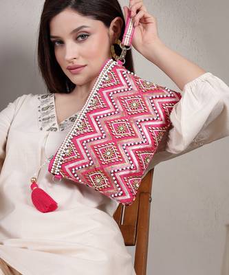 boho bright pink cotton chevron beaded sling bag 1