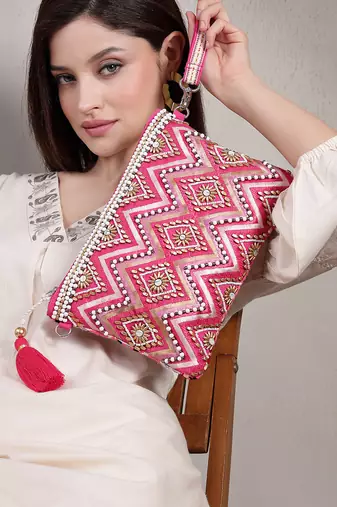 boho bright pink cotton chevron beaded sling bag