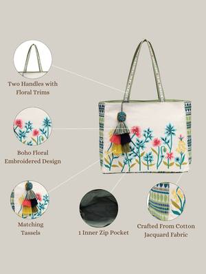 kooky natural & multi jacquard boho floral embroidered tote bag 4