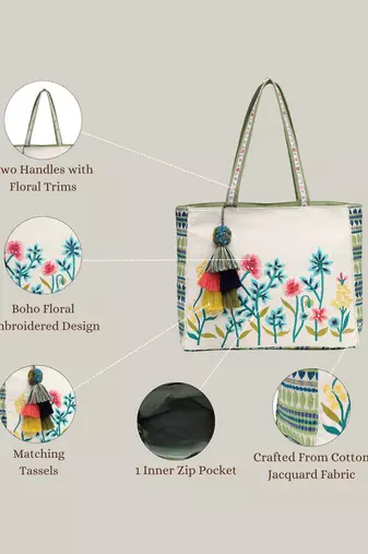 kooky natural & multi jacquard boho floral embroidered tote bag