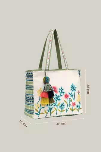 kooky natural & multi jacquard boho floral embroidered tote bag