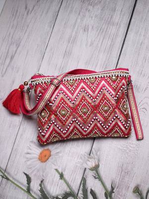 boho bright pink cotton chevron beaded sling bag 3