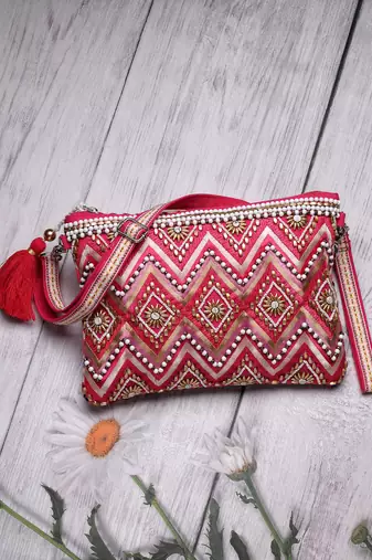 boho bright pink cotton chevron beaded sling bag