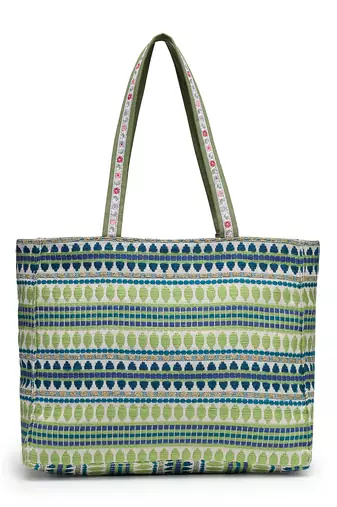 kooky natural & multi jacquard boho floral embroidered tote bag