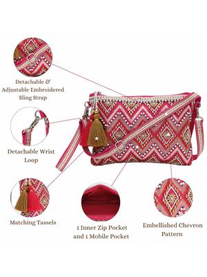 boho bright pink cotton chevron beaded sling bag 4