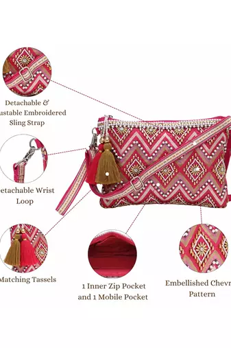 boho bright pink cotton chevron beaded sling bag