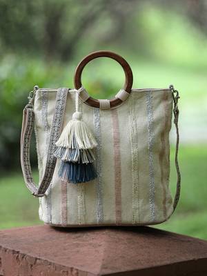 boho natural & pastel cotton striped jacquard handheld bag 1