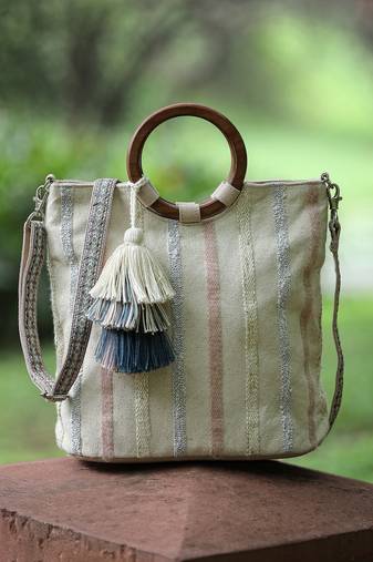 boho natural & pastel cotton striped jacquard handheld bag