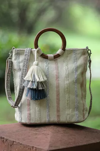boho natural & pastel cotton striped jacquard handheld bag