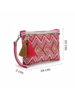 boho bright pink cotton chevron beaded sling bag 5