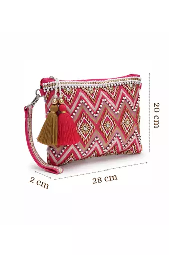 boho bright pink cotton chevron beaded sling bag