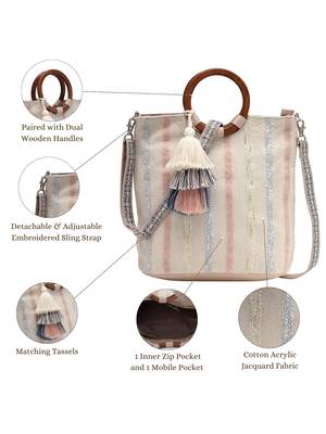 boho natural & pastel cotton striped jacquard handheld bag 4