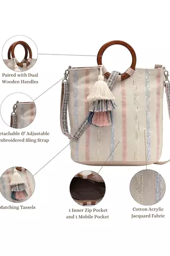 boho natural & pastel cotton striped jacquard handheld bag