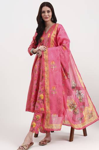 Yufta pink floral print cotton anarkali kurta trouser dupatta set one pocket kurta