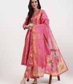 pink floral print cotton anarkali kurta trouser dupatta set one pocket kurta