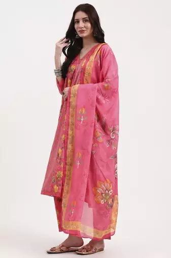pink floral print cotton anarkali kurta trouser dupatta set one pocket kurta