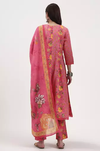 pink floral print cotton anarkali kurta trouser dupatta set one pocket kurta