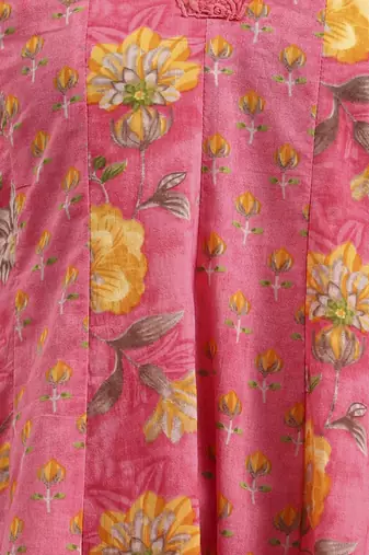 pink floral print cotton anarkali kurta trouser dupatta set one pocket kurta