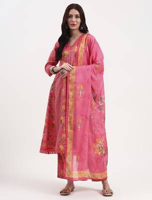 pink floral print cotton anarkali kurta trouser dupatta set one pocket kurta 5