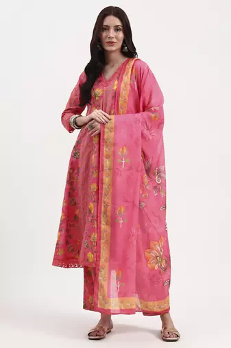 pink floral print cotton anarkali kurta trouser dupatta set one pocket kurta