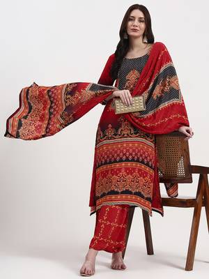 red and black floral natural silk crepe a-line have a lining kurta palazzo dupatta set 1