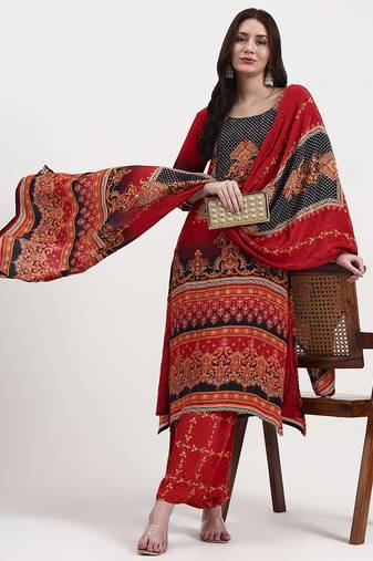 Yufta red and black floral natural silk crepe a-line have a lining kurta palazzo dupatta set