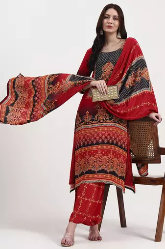 red and black floral natural silk crepe a-line have a lining kurta palazzo dupatta set
