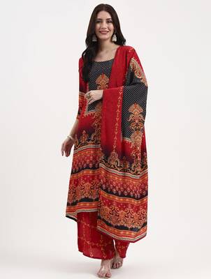 red and black floral natural silk crepe a-line have a lining kurta palazzo dupatta set 2